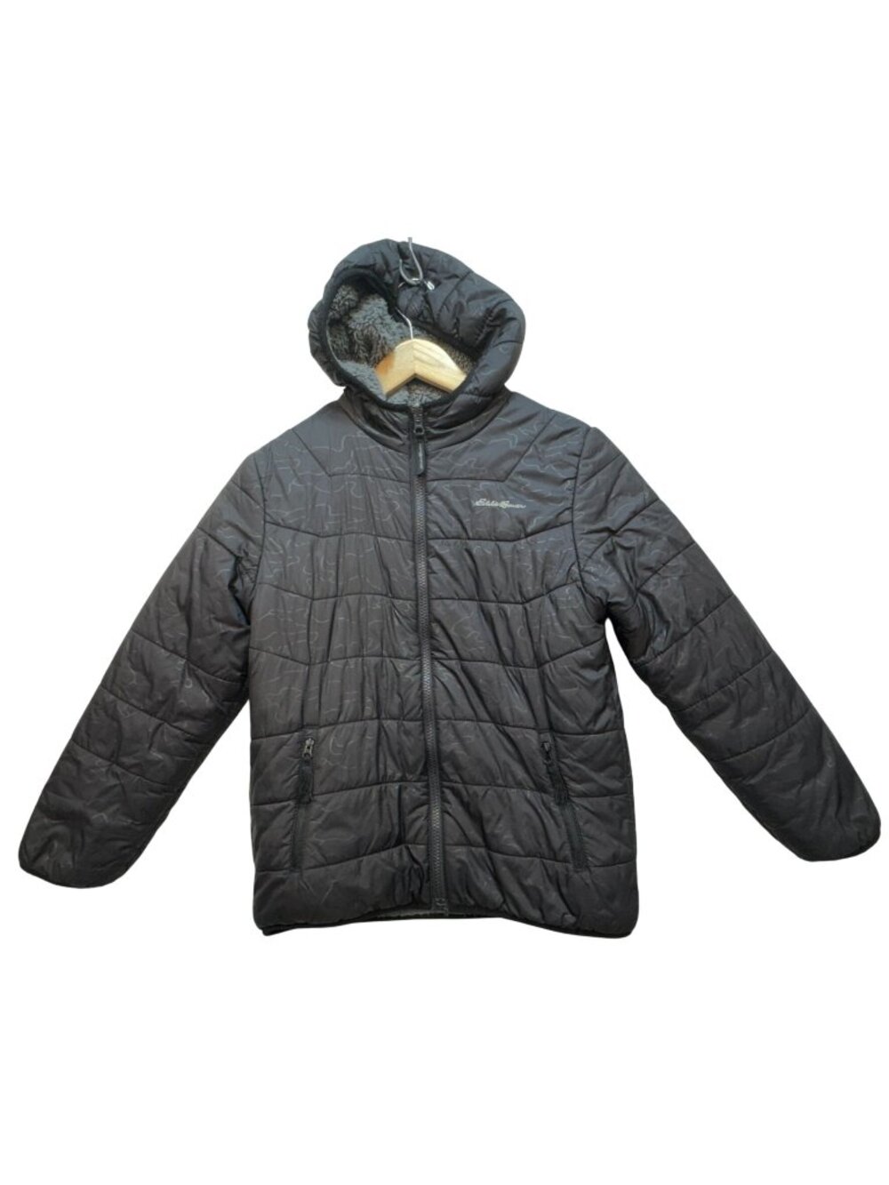 Eddie Bauer Youth Boys Reversible Hooded Jacket Faux Fur Black Long Sleeve
